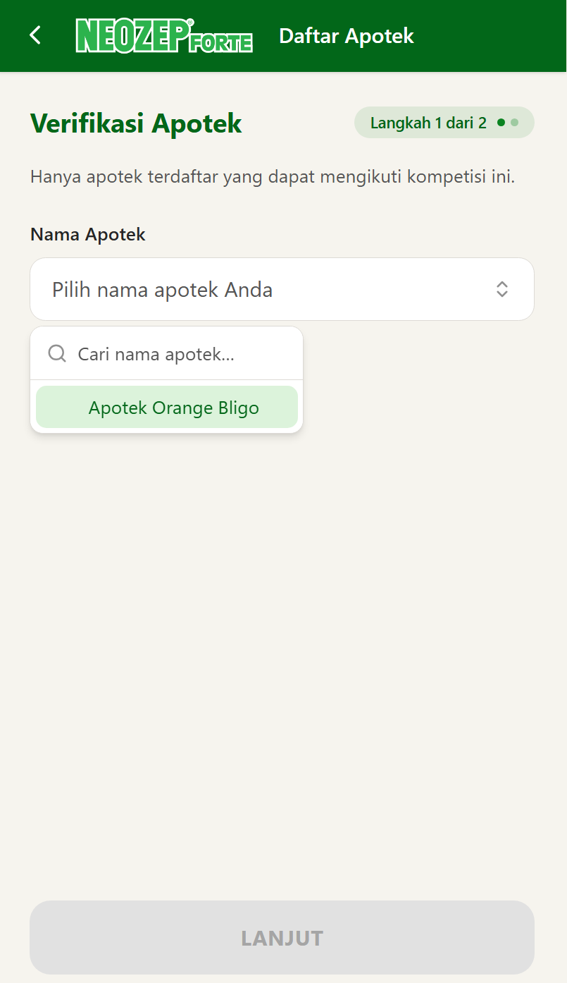 Halaman verifikasi apotek di aplikasi Neozep Forte, tempat apotek mitra memilih namanya