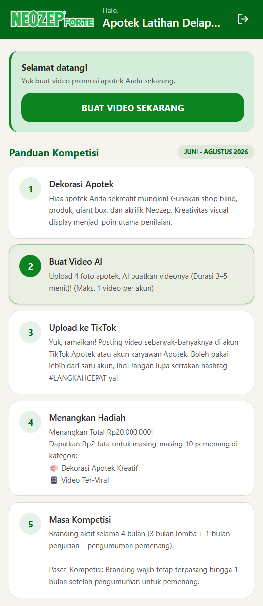 Beranda aplikasi Neozep Forte dengan tombol buat video dan panduan kompetisi untuk apotek mitra