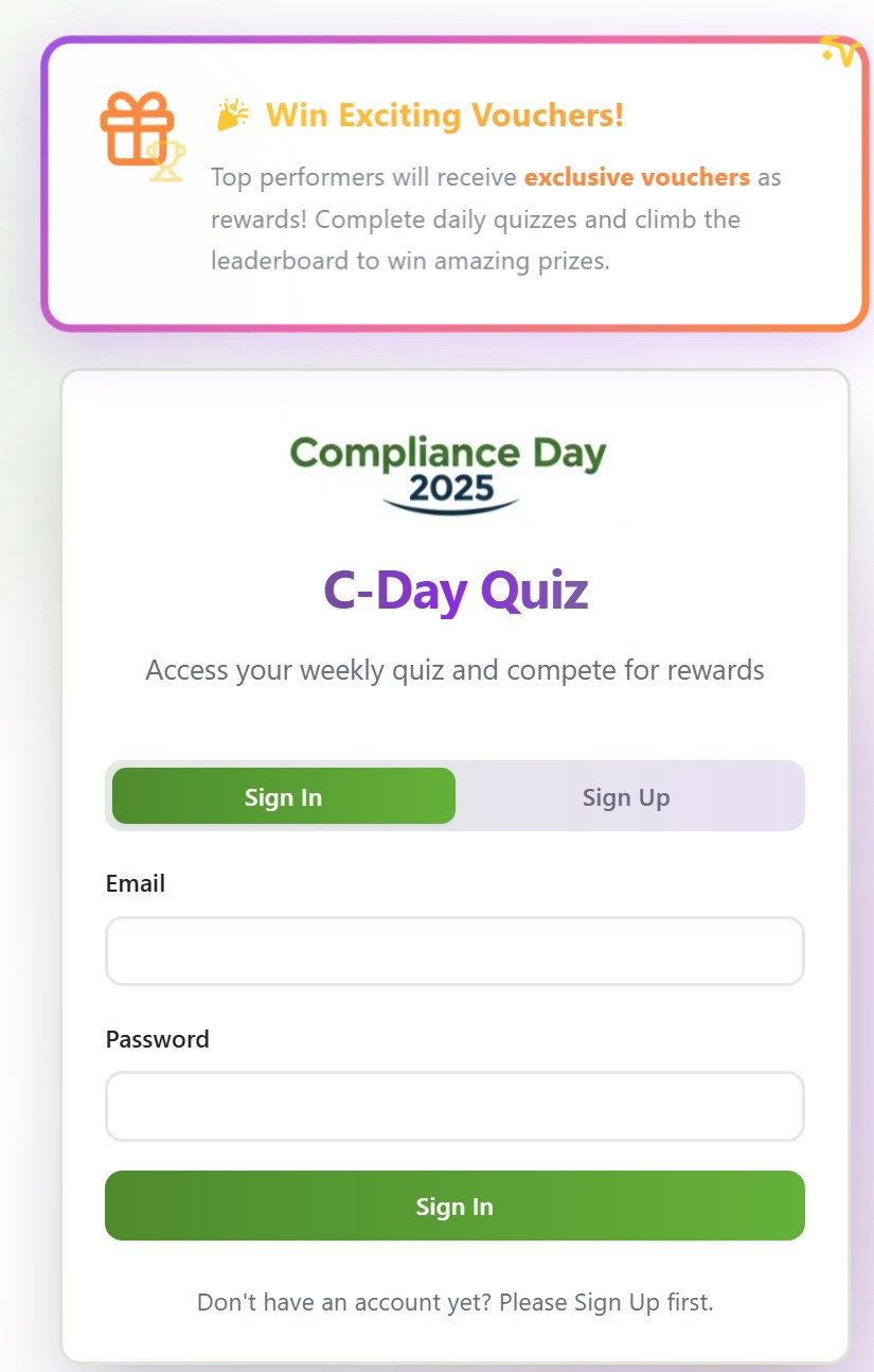 Halaman masuk C-Day Quiz dengan banner hadiah voucher dan logo Compliance Day 2025