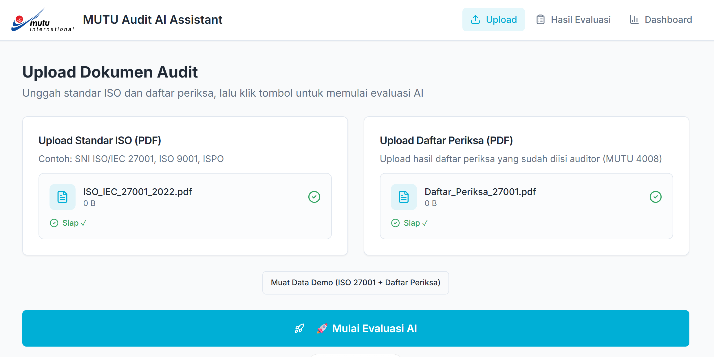 Layar unggah dokumen audit