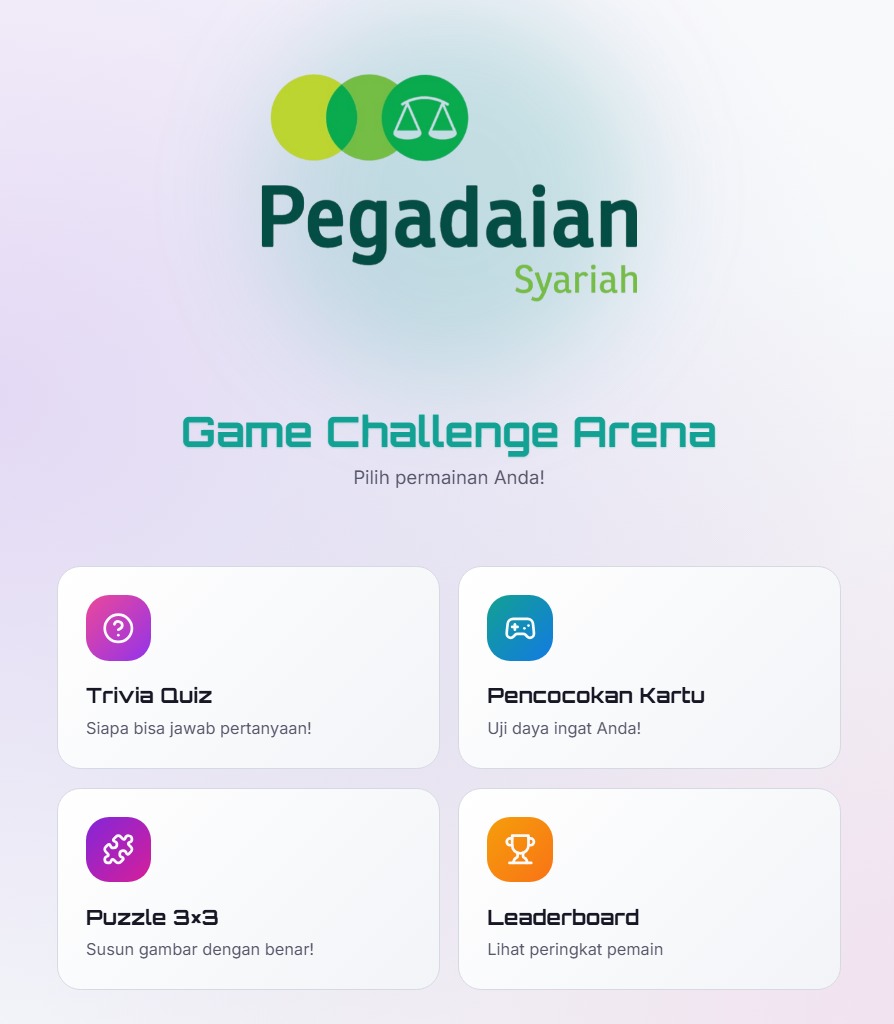 Menu utama berisi empat kartu: trivia, pencocokan kartu, puzzle, dan papan peringkat