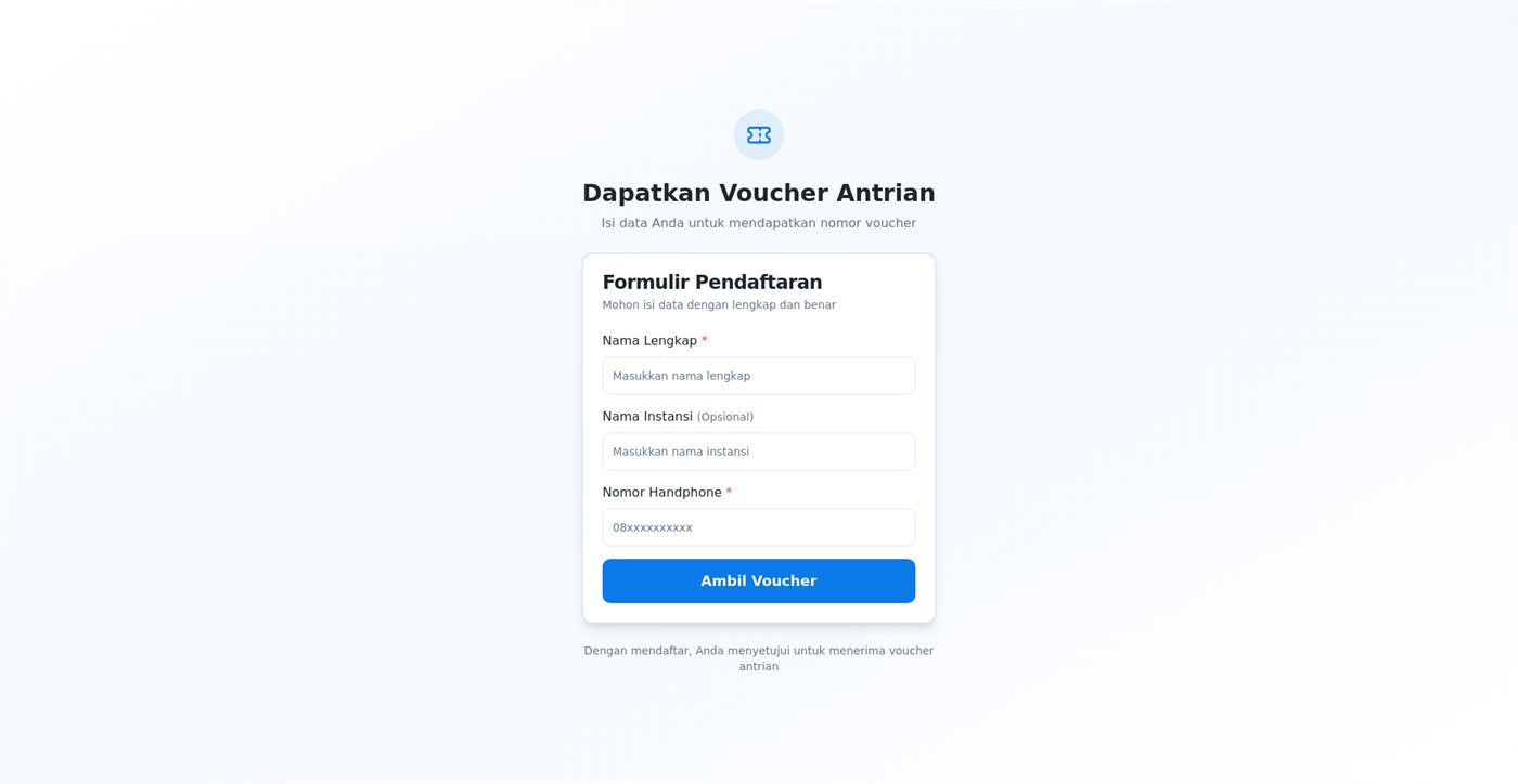 Halaman registrasi voucher antrian dengan formulir nama, instansi, dan nomor handphone