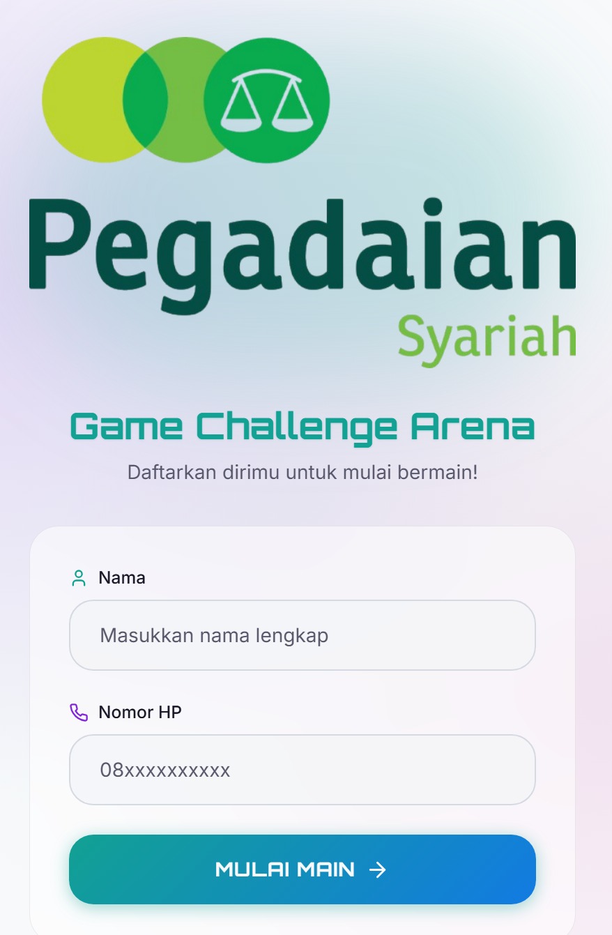 Halaman pendaftaran Game Challenge Arena dengan kolom nama dan nomor HP