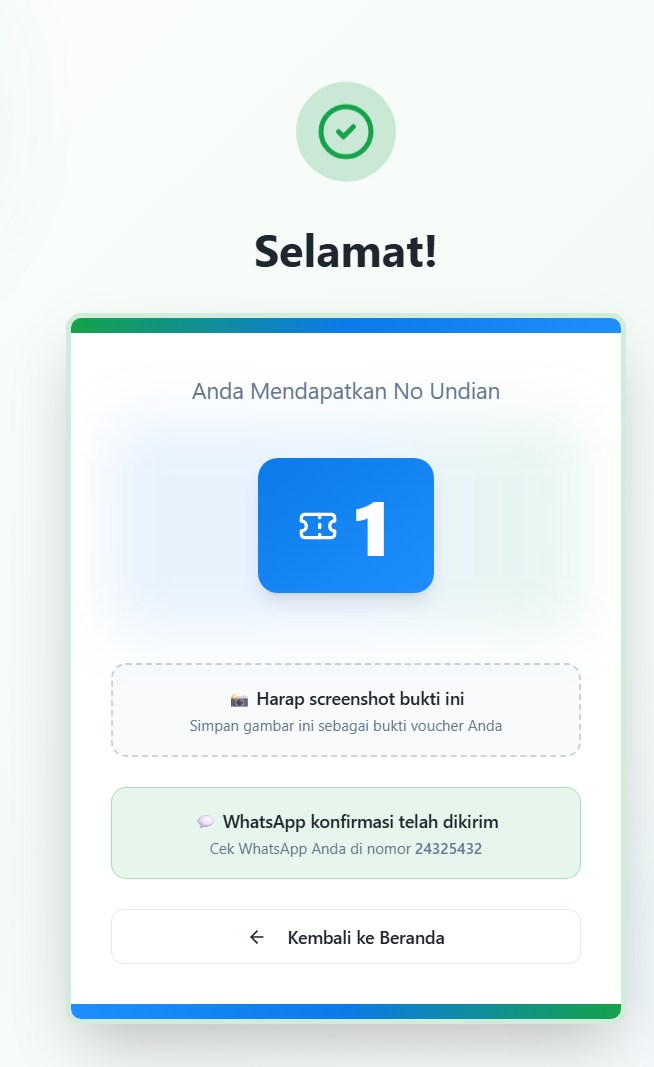 Layar bukti voucher yang terbit otomatis setelah formulir dikirim, lengkap dengan nomor undian