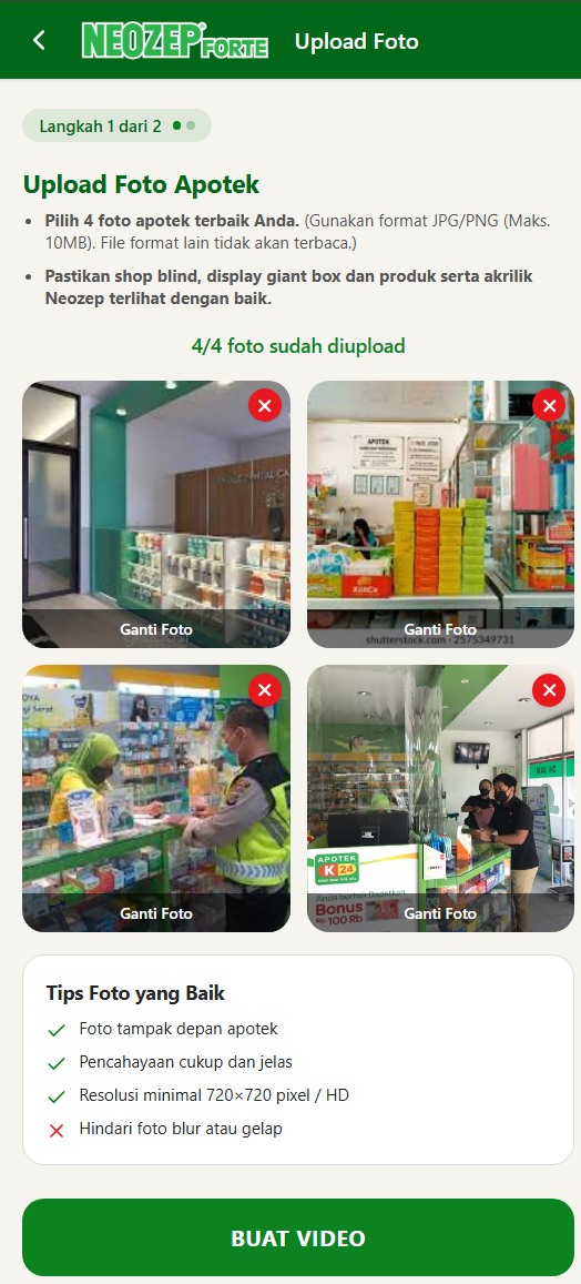 Layar unggah empat foto apotek sebelum video dibuat, lengkap dengan tips foto